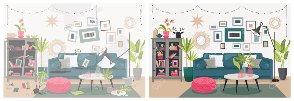 ترکیب داخلی اتاق نشیمن: نیمه‌های پاک و کثیف با مبلمان و تزئینات (تصویر وکتوری)