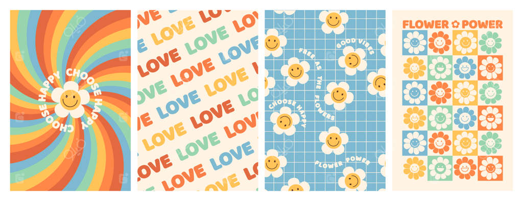 پوسترهای دهه ۷۰ هیپی‌های خوش‌حال با گل و رنگین‌کمان عاشقانه در سبک کارتونی روانگردان و محبوب رترو