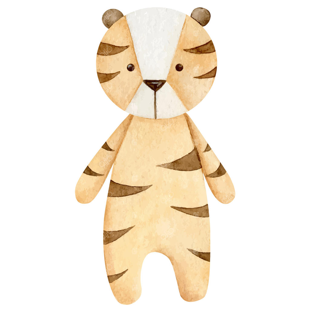 تصویرسازی آبرنگی اسباب‌بازی ارگانیک نوزاد، دکوراسیون اتاق کودک و ببر سافاری