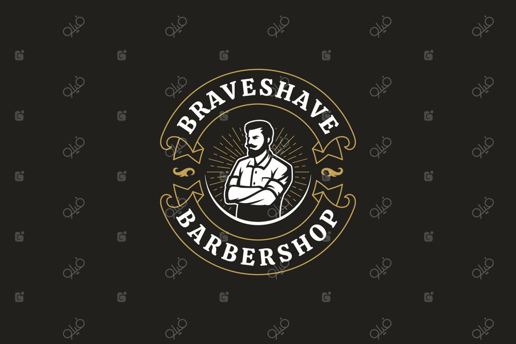 طراحی لوگوی آرایشگاه قدیمی با شخصیت آرایشگر مرد قوی و دست‌های ضربدری