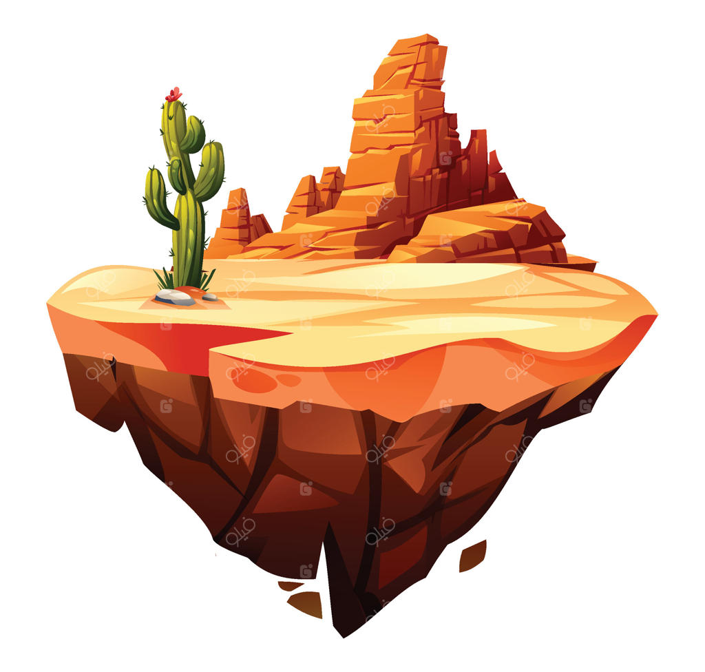 تصویرسازی کارتونی جزیره معلق در بیابان خشک با کاکتوس، صخره‌های دره‌ای و زمین هموار