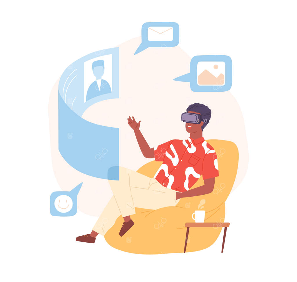 فردی با هدست واقعیت مجازی در حال صحبت با دوستش از طریق تماس ویدئویی. ارتباط آینده‌نگرانه افراد در دنیای واقعیت مجازی. تصویرسازی فلت و رنگی از مردی با صفحه نمایش واقعیت افزوده مجزا بر روی پس‌زمینه سفید