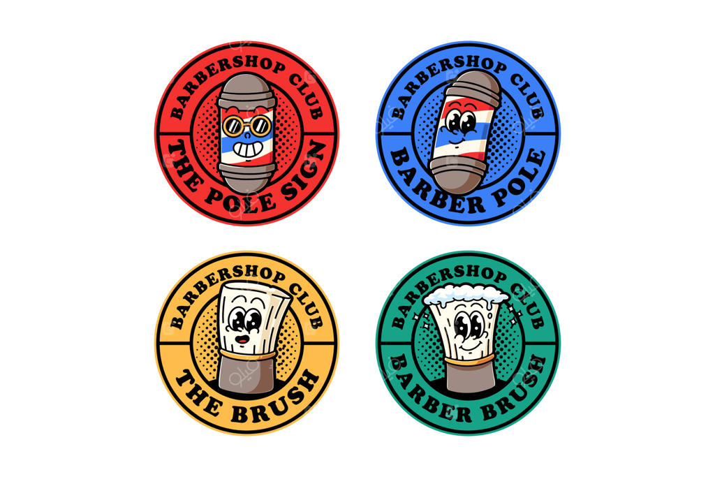 مجموعه طراحی لوگوی رنگارنگ چراغ راهنمای آرایشگاه و برس اصلاح. مجموعه لوگوی نشان برس اصلاح با کف و چراغ آرایشگاه. بسته نشان لوگوی کارتونی ابزار آرایشگری.