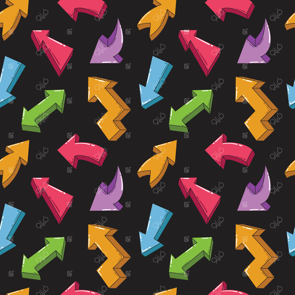 طرح الگو با فلش‌های رنگی حجم در جهت‌های مختلف روی پس‌زمینه سیاه