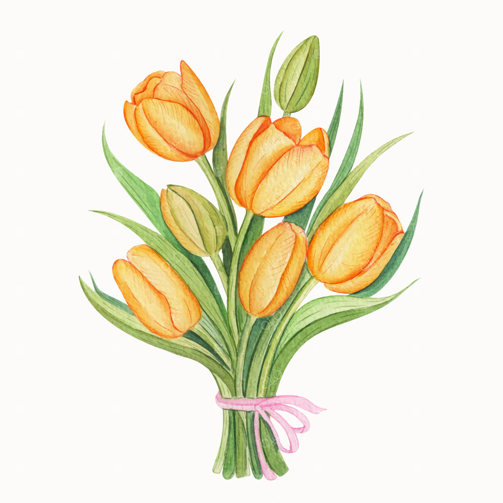 دسته گل لاله‌های زرد آبرنگی، نقاشی دستی