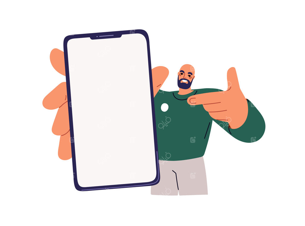 مرد خندان با گوشی موبایل در دست و اشاره به صفحه نمایش؛ وکتور فلت ماک‌آپ تبلیغ اپلیکیشن در پس‌زمینه سفید