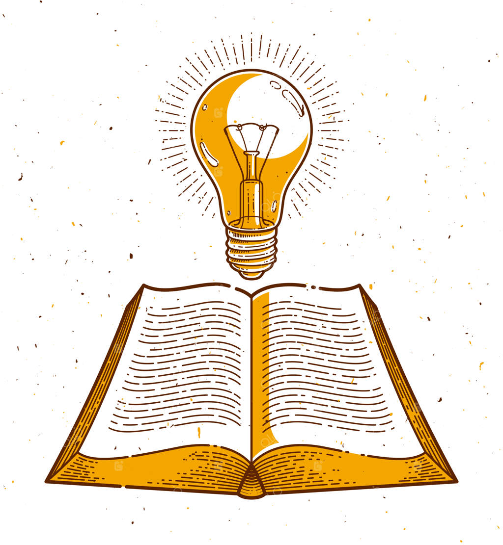 کتاب قدیمی باز با طراحی گرافیکی لامپ ایده، مفهوم ادبیات علم و آموزش، لوگو یا آیکون یا نشان با سبک خطی مدرن.