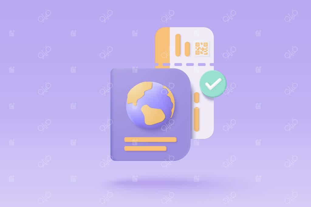 پاسپورت و کارت پرواز سه‌بعدی برای تعطیلات و سفر - تصویر رندر شده هواپیمای مسافربری و پاسپورت