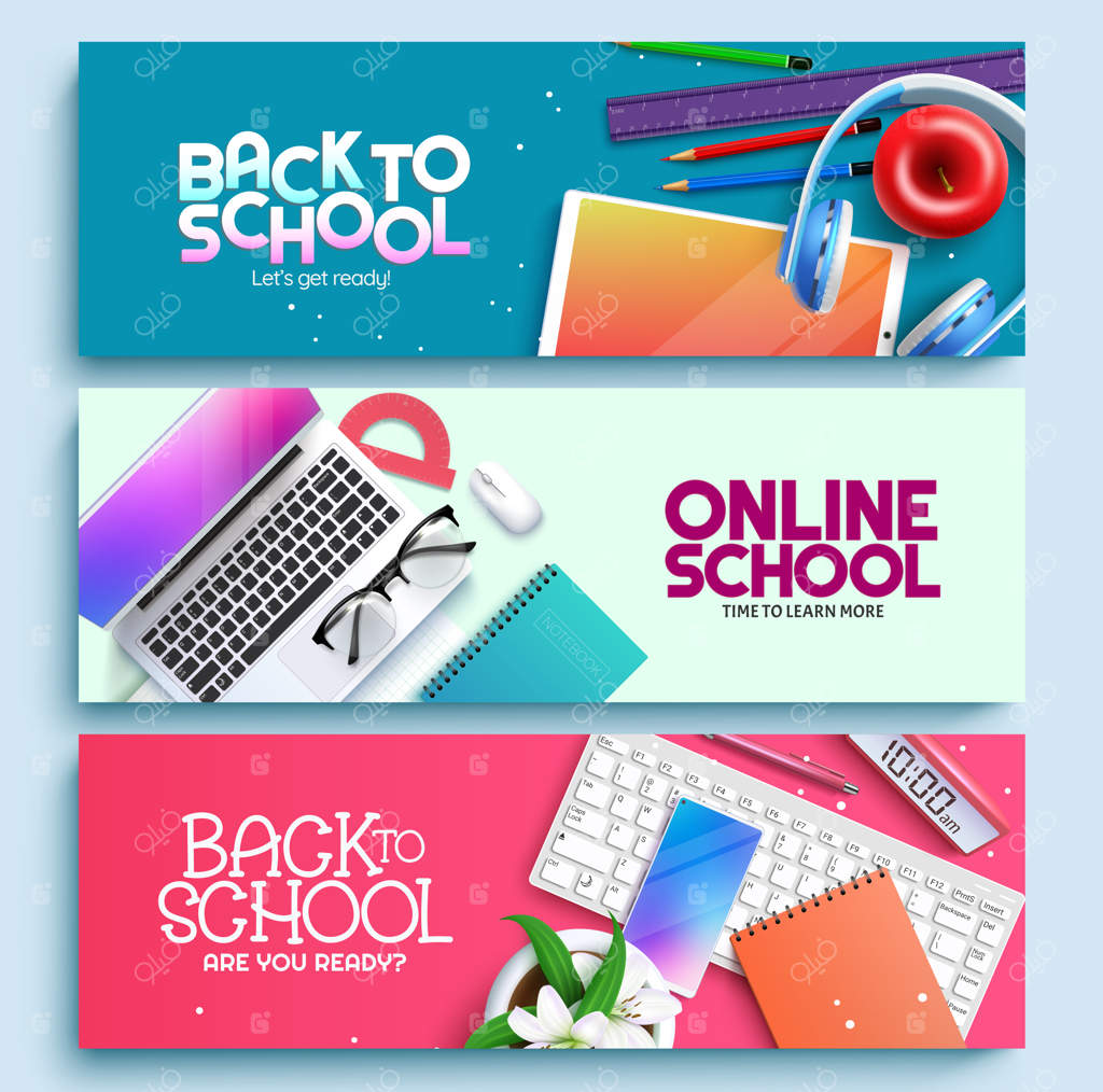 مجموعه طراحی پس‌زمینه بازگشت به مدرسه – متن آنلاین بازگشت به مدرسه با آموزش مجازی