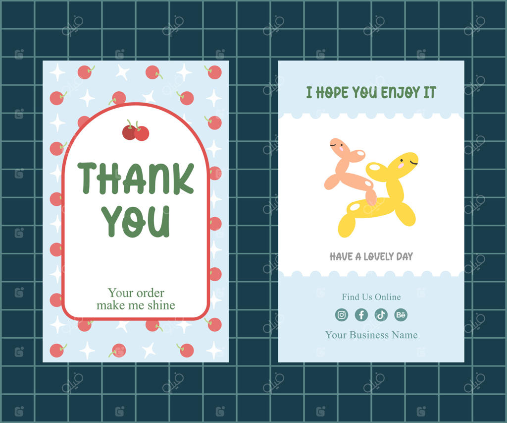 کارت تشکر زیبا با طرح بادکنک گیلاس و اسب برای بسته کسب‌وکار