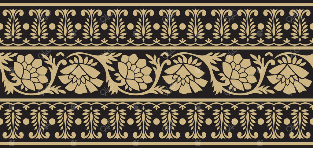 تزئین ملی هند با ترکیب طلایی و مشکی: مرز بی‌پایان گیاهی. قاب گل‌ها، شقایق و برگ‌ها.