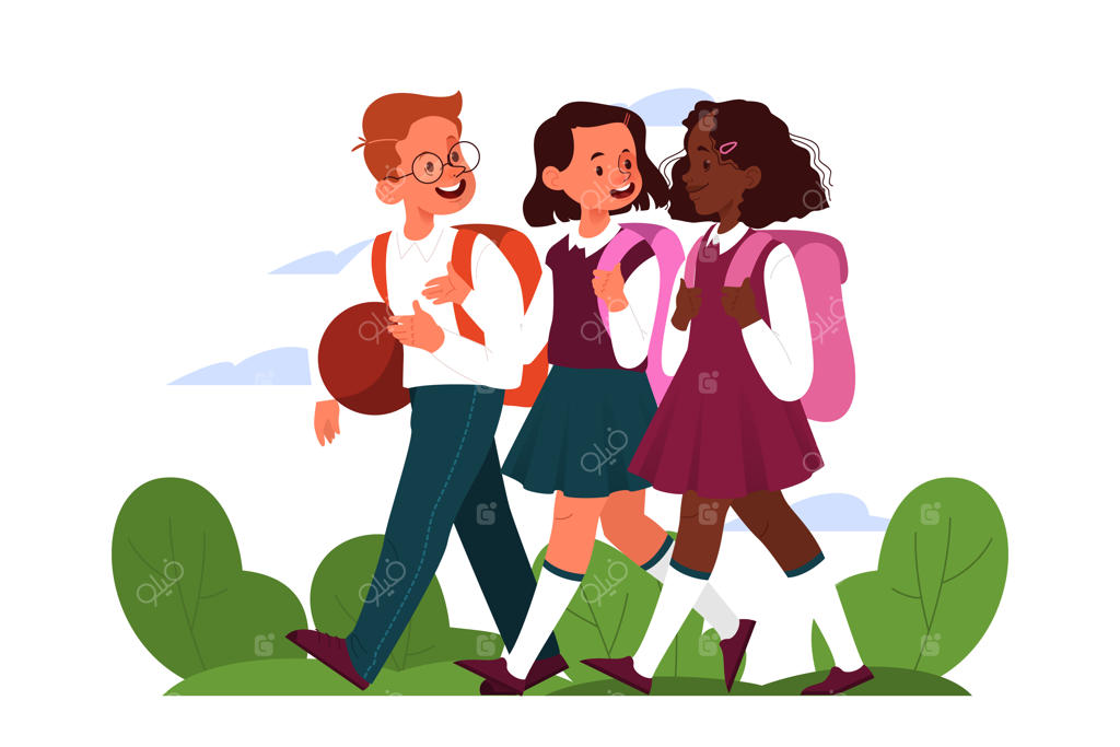 برنامه کلاسی دختر دانش‌آموز. کودکان خردسال در مدرسه. بچه‌های شاد بعد از کلاس. پیاده‌روی دانش‌آموزان پس از مدرسه.