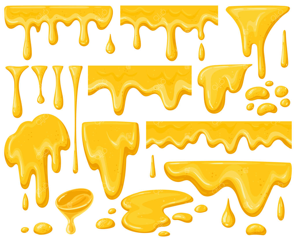 چکیدن عسل کارتونی: جریان عسل طلایی و خوشمزه، قطرات شیرین زرد و شربت عسلی طبیعی