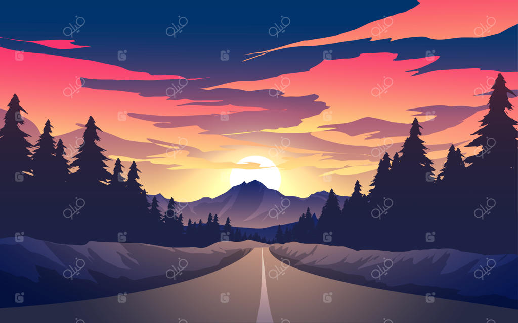 جاده‌ای خالی و مستقیم در کوهستان هنگام غروب خورشید