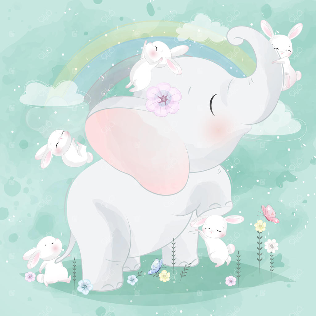 خرگوش بامزه در حال بازی با فیل