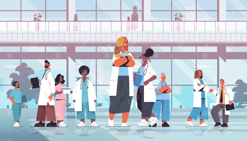 تیمی از پزشکان با نژادهای مختلف در مقابل ساختمان بیمارستان ایستاده‌اند - مفهوم پزشکی و بهداشت