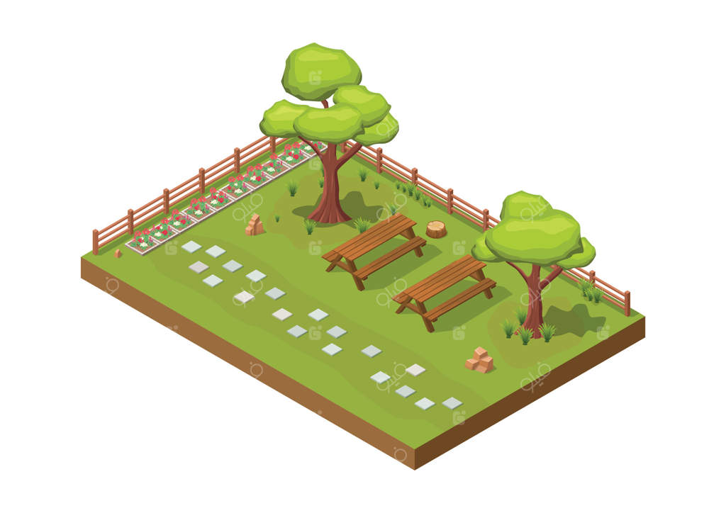 باغ زیبا با گل‌های رنگارنگ (ایزومتریک)