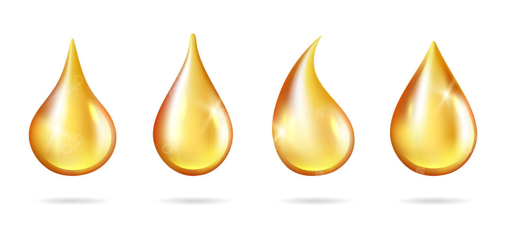 درخشش قطرات زرد: قطرات واقعی روغن روی پس‌زمینه سفید، چکیدن مایع، شیره، عسل، و بنزین.