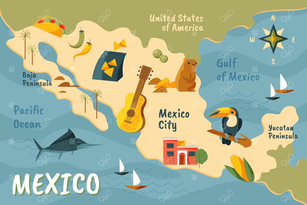 نقشه دست‌کشیده مکزیک به صورت تصویرسازی