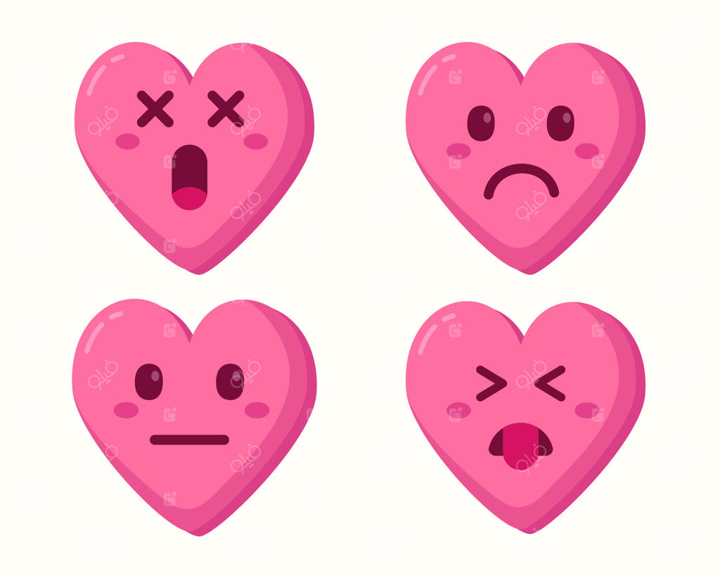 مجموعه‌ای از کارتون‌های خنده‌دار قلب‌های صورتی با حالت‌های مختلف