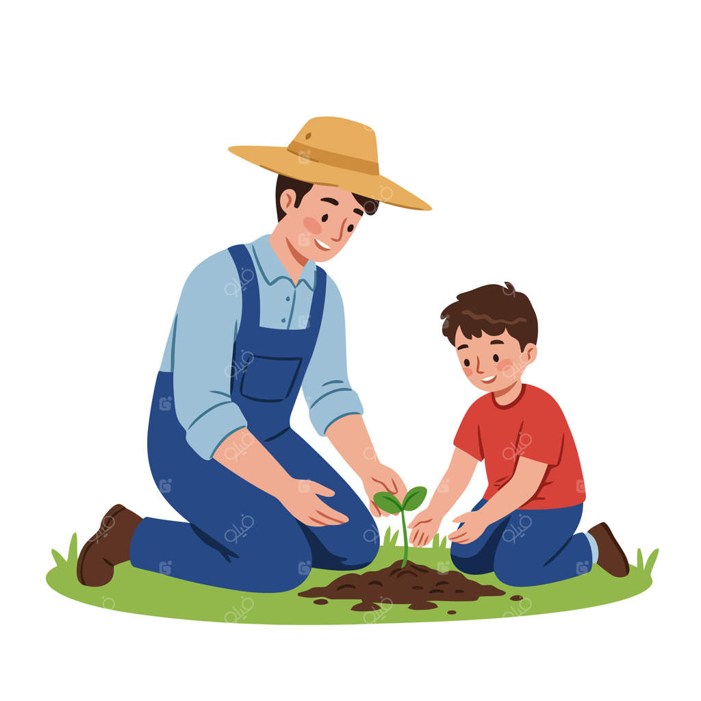 تصویر پدر و پسر در حال کاشت نهال در باغچه