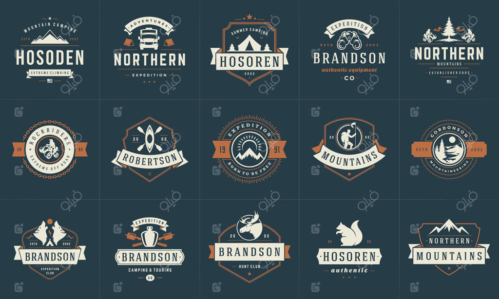 مجموعه طرح‌ها و عناصر طراحی آرم‌ها و نشان‌های کمپینگ و سیلوئت‌ها