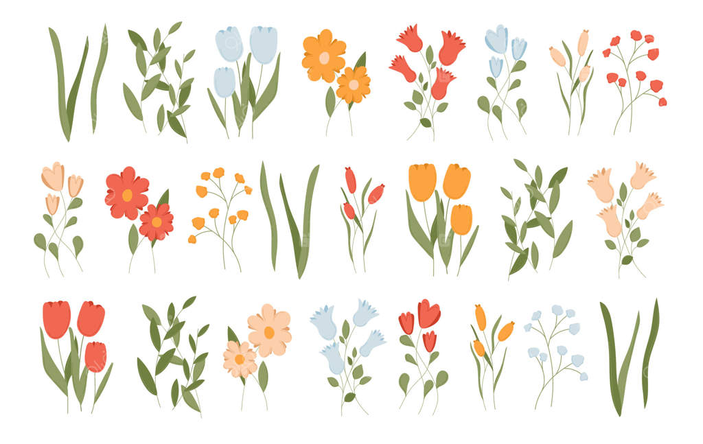 مجموعه گل‌های بهاری دوست‌داشتنی. نماد انتزاعی گل با عنصر برگ. مجموعه گرافیکی باغ تابستانی. طراحی دسته گل عید پاک به سبک اسکاندیناوی. تزیین شکوفه‌های گل وحشی و لاله‌ها