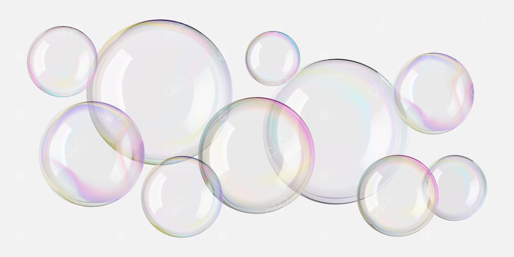 مجموعه حباب صابونی سه‌بعدی از کره و دایره. کف شیشه‌ای روی پس‌زمینه سیاه معلق است. انعکاس رنگین‌کمانی با نور سفید. شامپو واقعی، آب تمیز و شفاف پاک‌شده.