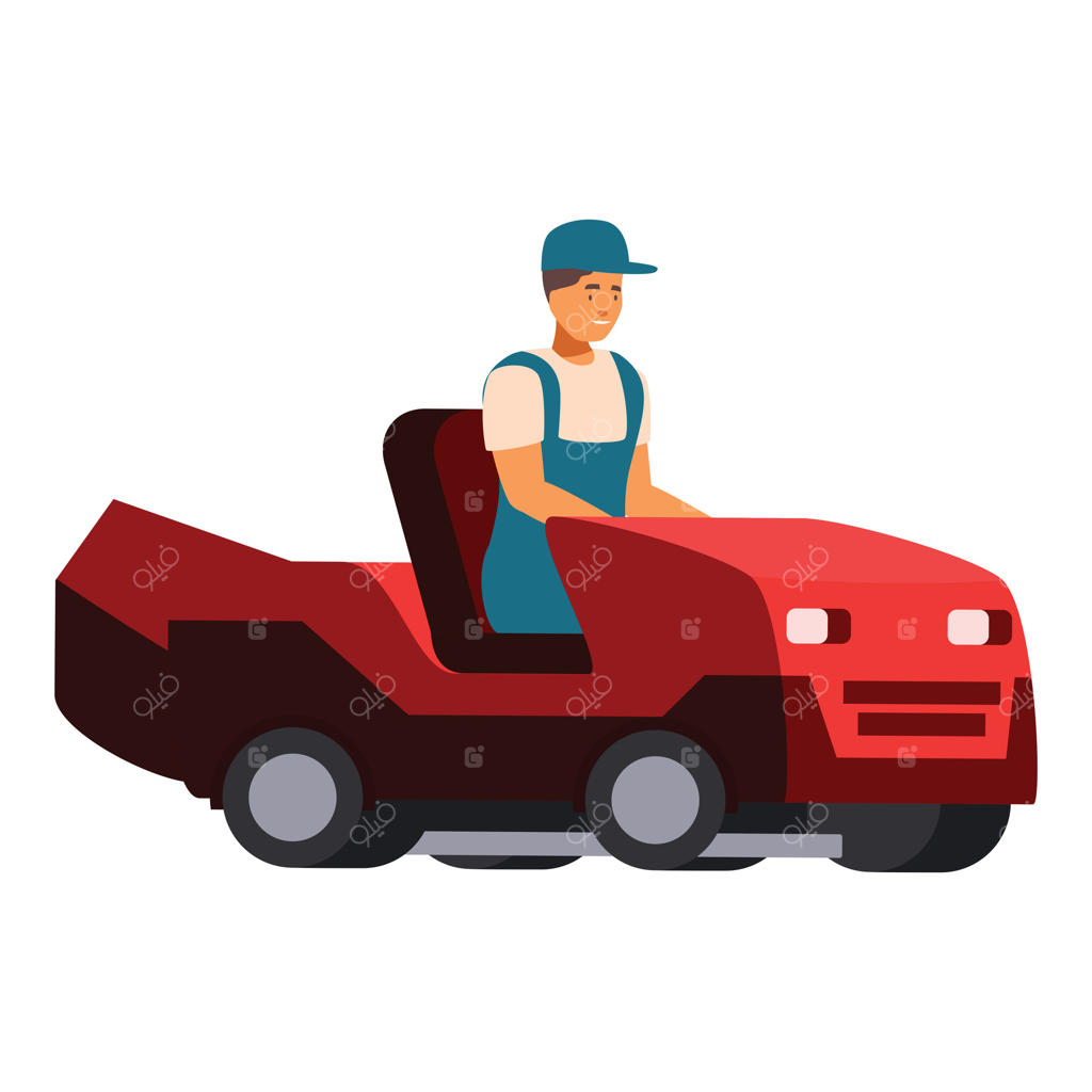 باغبان با لباس کار در حال رانندگی ماشین چمن‌زنی است