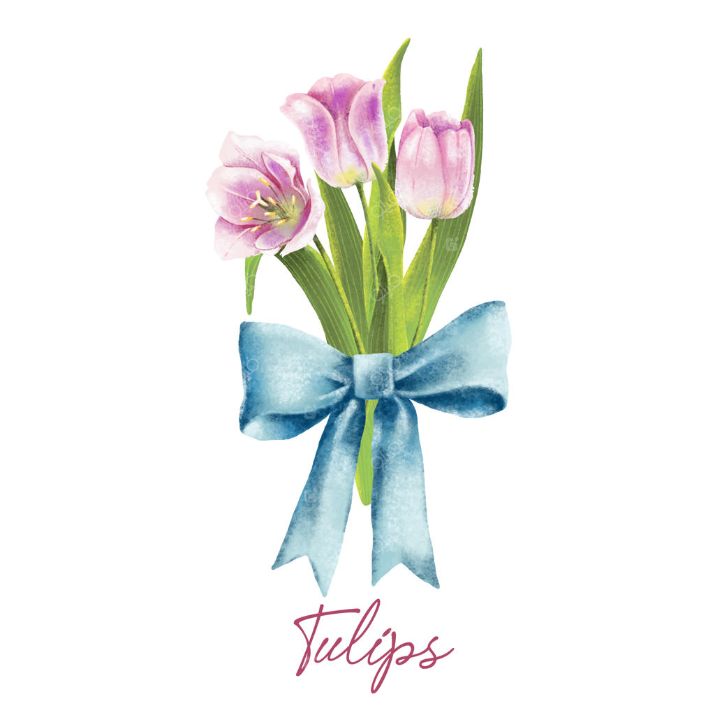 تصویر آبرنگی دست‌ساز لاله‌های صورتی با پاپیون