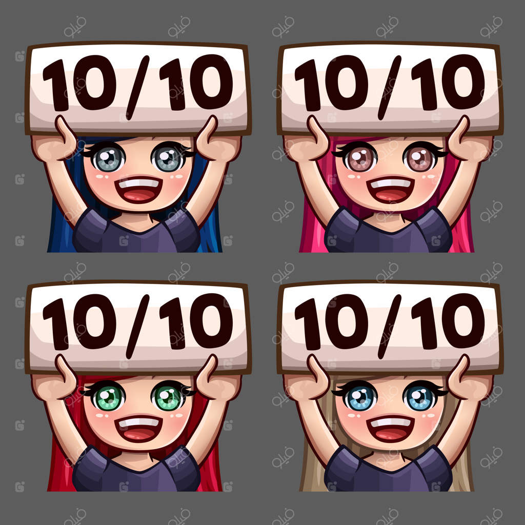 آیکون‌های احساسی دختر شاد ده از ده با موهای بلند برای شبکه‌های اجتماعی و استیکرها