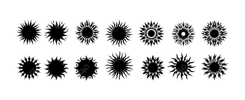 مجموعه‌ای از طرح‌های گرافیکی نمادین خورشید عرفانی روی زمینه سفید. نماد خورشید بوهو و آسمانی به صورت تصویرسازی وکتور