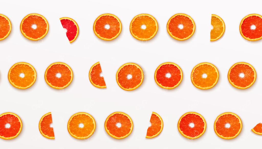 نیم‌برش پترن میوه‌های پرتقال و گریپ‌فروت روی زمینه سفید. تصویر برداری