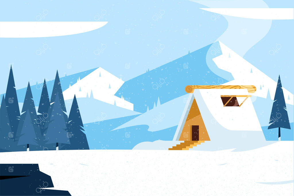 طراحی ساده منظره زمستانی با خانه