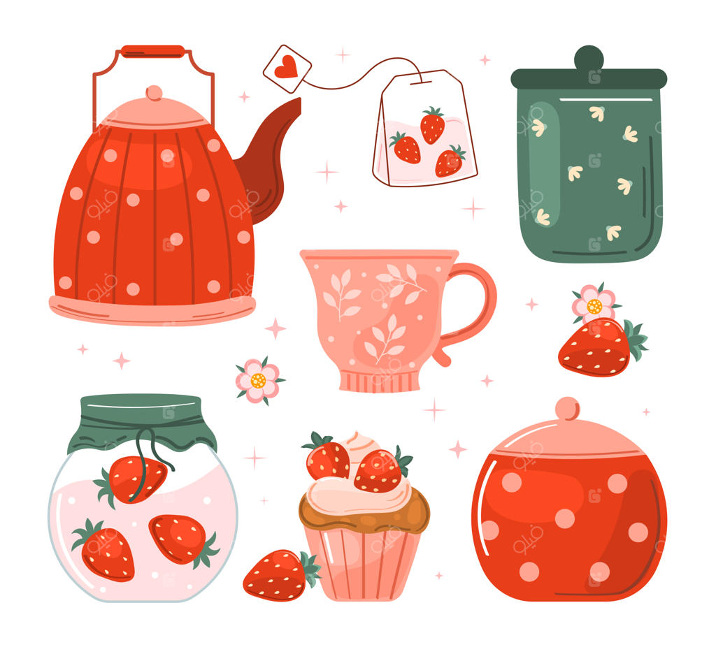 چای توت‌فرنگی فنجان قوری دسر توت‌فرنگی کیک و مربا ویتامین‌های تابستانی