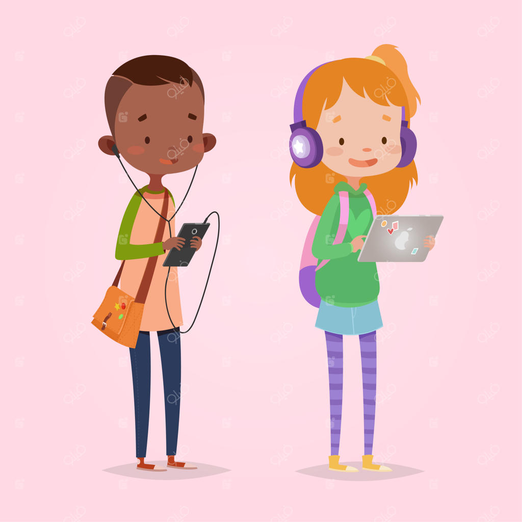 تصویر وکتور بامزه برای کودکان. سبک کارتونی. شخصیت‌های جداگانه. تکنولوژی‌های مدرن برای بچه‌ها. دختر با تبلت و هدفون. پسر با گوشی هوشمند و هدفون.
