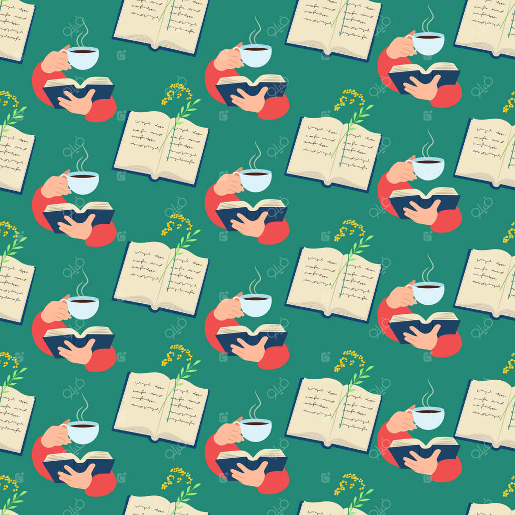 پترن یکپارچه کتاب باز در دست و فنجان قهوه - تصویر برداری وکتور