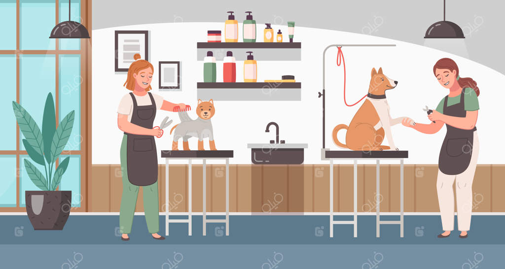 پس‌زمینه کارتونی آرایشگاه حیوانات با تصویر دو متخصص زن در حال رسیدگی به حیوانات خانگی - تصویرسازی وکتور