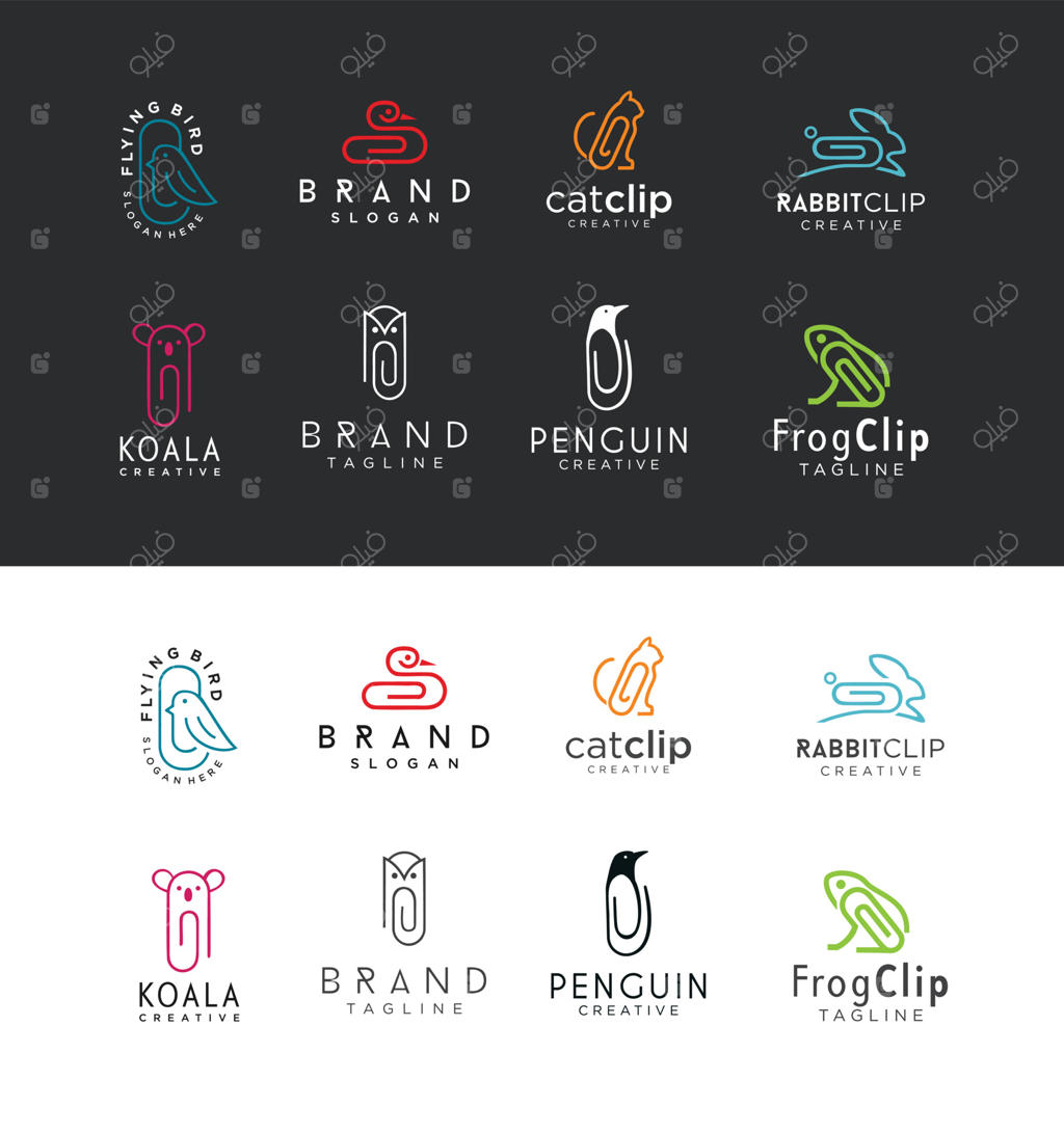 مجموعه‌ای از لوگوهای حیوانات به شکل گیره کاغذ - طراحی خطی و مونограм کاغذی