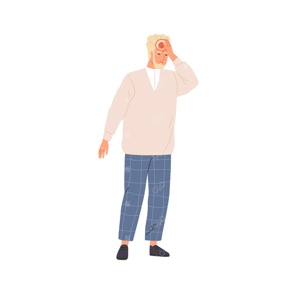 فردی غمگین با سردرد. مردی که سرش را با دست نگه داشته، احساس درد و ناراحتی دارد. انسانی با درد مزمن. تصویر برداری صاف و رنگی که بر روی زمینه سفید جدا شده است.