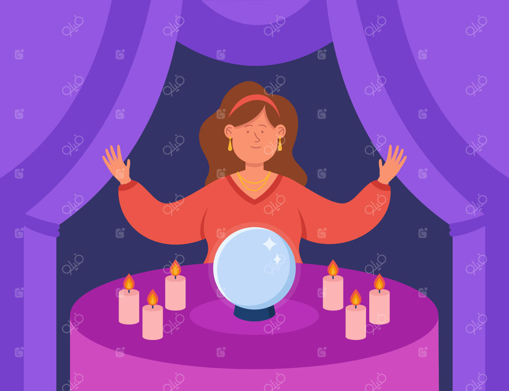 پیشگوی رمزآلود با گوی بلورین و شمع‌ها روی میز. زن پیشگو یا جادوگر در حال پیش‌بینی آینده - تصویر تخت کارتونی