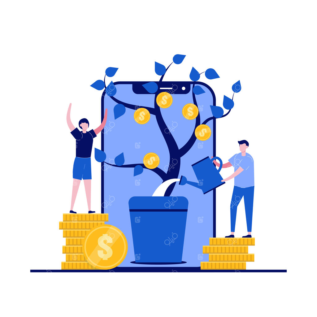 مفهوم درآمد با شخصیتی که گیاه پول را آبیاری می‌کند