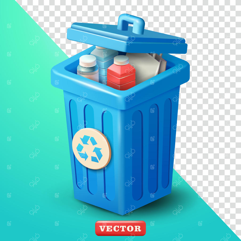 سطل زباله حاوی بطری‌های پلاستیکی بازیافتی، طراحی سه‌بعدی. مناسب برای بازیافت و عناصر طراحی