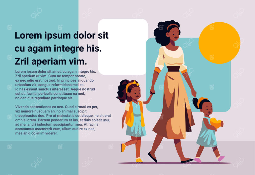 مادر و کودکان خردسال در حال پیاده‌روی، مادر آفریقایی-آمریکایی دخترانش را به مدرسه یا مهدکودک می‌برد – مفهوم مادری و خانواده‌ی شاد