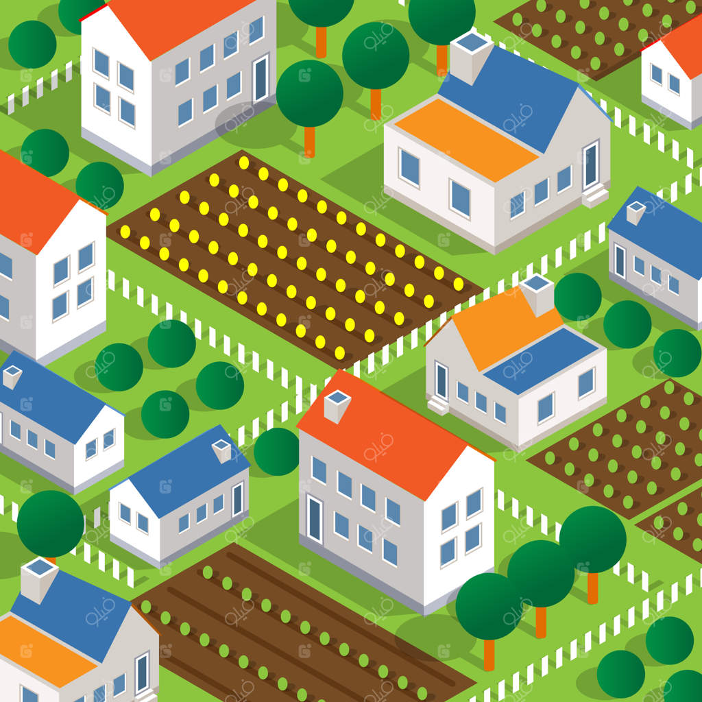 منظره دهکده ایزو متریک. زیرساخت حومه، از عمارت و کلبه تا باغ و درختان