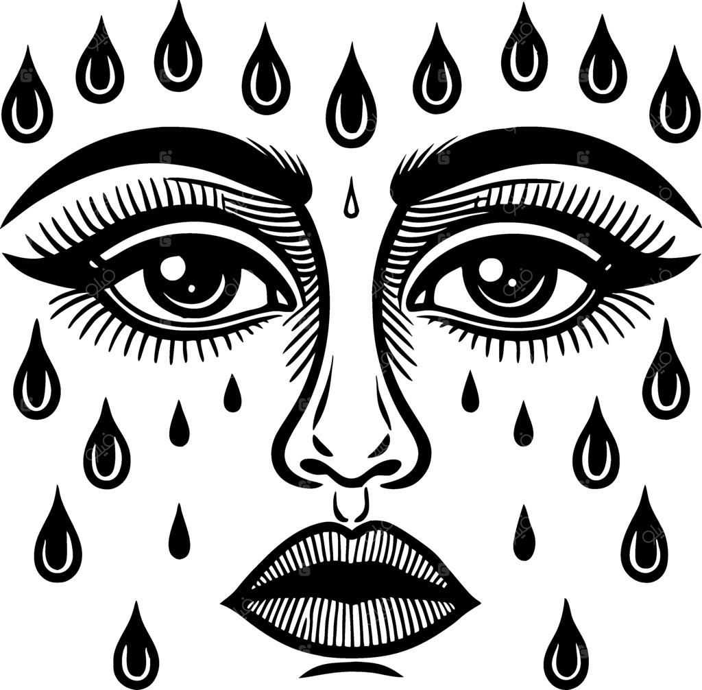 چهره احساسی با قطرات اشک برای طراحی تاتو و ایده کتاب رنگ‌آمیزی