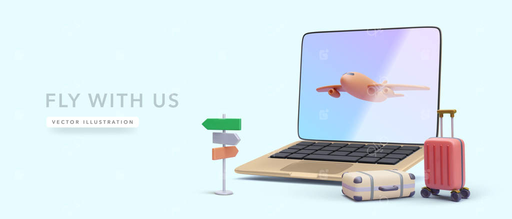 لپ‌تاپ با تصویر هواپیما و چمدان با تابلوی راهنما به سبک سه‌بعدی واقع‌گرایانه در پس‌زمینه آبی کمرنگ - تصویر وکتور