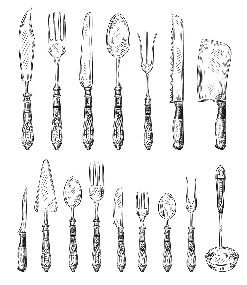 ست قاشق و چنگال دست‌ساز. تصویرسازی وکتوری از چنگال و قاشق قدیمی و کارد غذاخوری کلاسیک