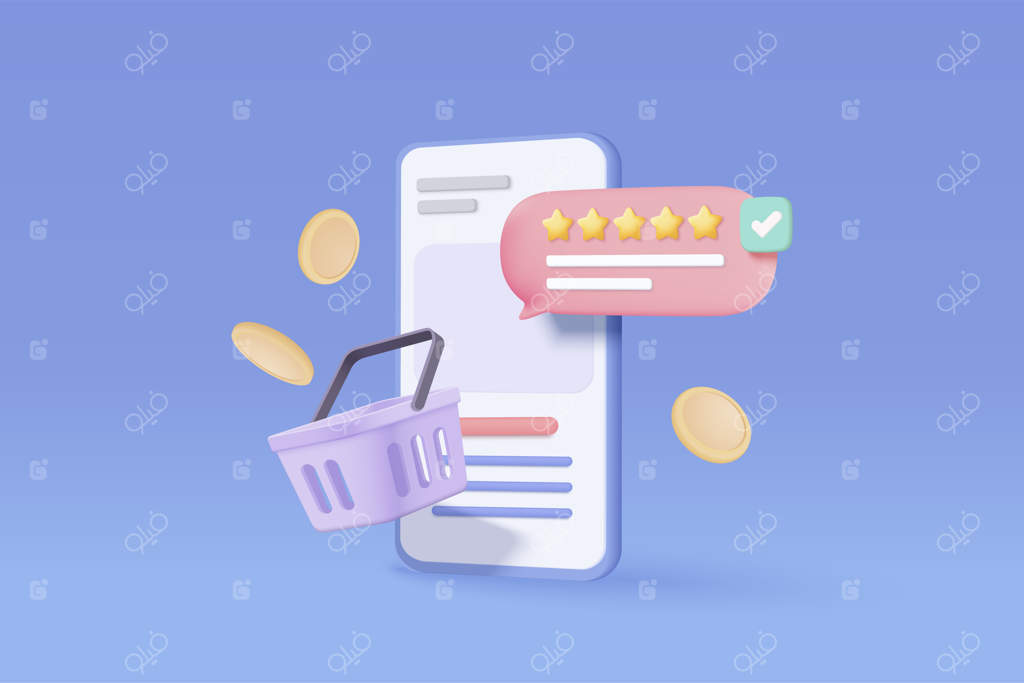 خرید آنلاین سه‌بعدی با موبایل: امتیاز پنج ستاره برای بهترین رتبه‌بندی کیفیت و نظر مشتریان با آیکون موبایل وکتور سه‌بعدی