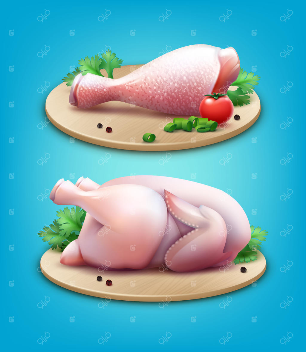 تصویر مرغ کامل و ران‌ها با دانه‌های فلفل